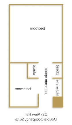 橡树景大厅双人入住套房平面图，标有房间